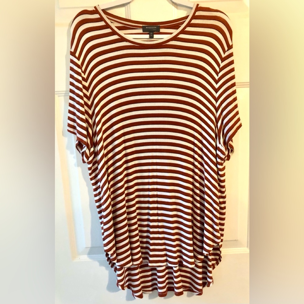 Madison Curvy Rust Brown White Stripe Ribbed Rayon Stretch Knit Long Top Size 3X
